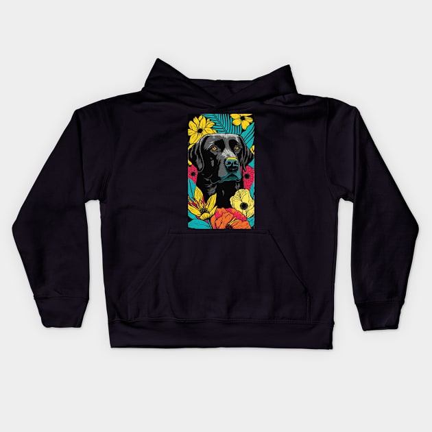 Black Labrador Retriever Dog Vibrant Tropical Flower Tall Retro Vintage Digital Pop Art Portrait Kids Hoodie by ArtHouseFlunky